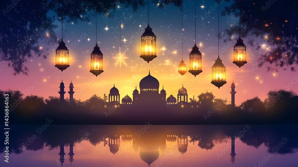 Obraz premium Serene Islamic landscape featuring mosque silhouette at dusk with glowing lanterns reflected on water surface under a starry night sky