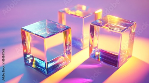 Three Iridescent Glass Cubes Under Colorful Light