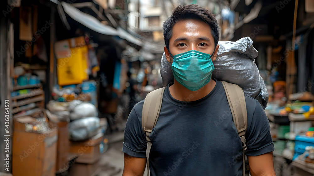 A person wearing a protective mask in a congested urban alley. A person wearing a protective mask in a congested urban alley.