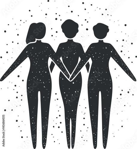 Silhouettes of three women holding hands symbolizing unity friendship and support in black and white illustration