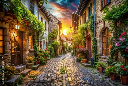 Charming Cobblestone Street in Picturesque Village - Double Exposure Photography