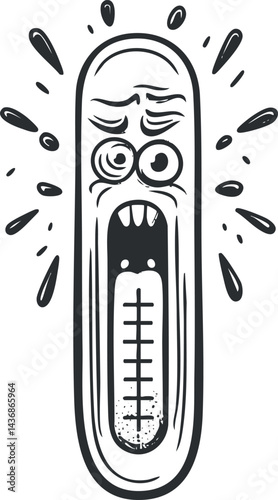 Cartoon thermometer with a scared face showing high temperature and heat, symbolizing fever or illness
