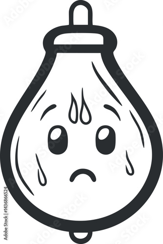 Black and white cartoon illustration of a tired sweating punching bag with a sad face expression