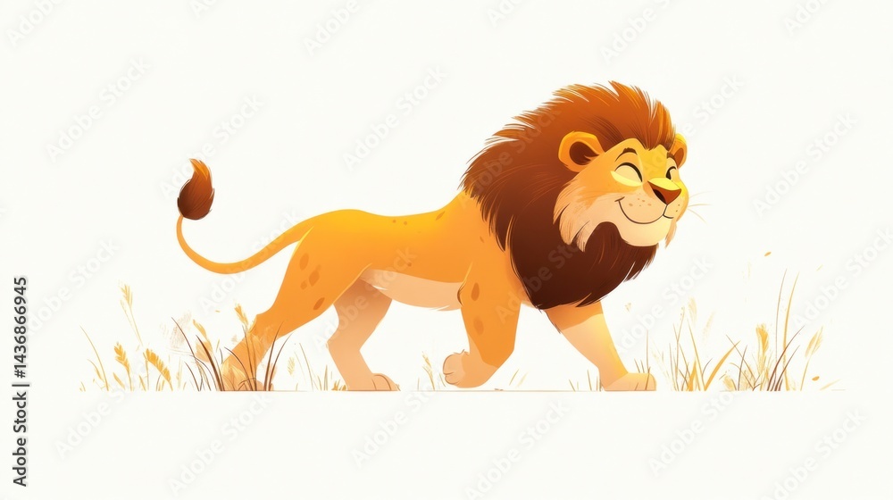 Obraz premium Cartoon lion walking savanna grassland; kids book illustration