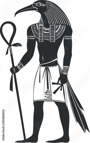 Black and white illustration of Thoth, ancient Egyptian god with ibis head holding ankh and papyrus