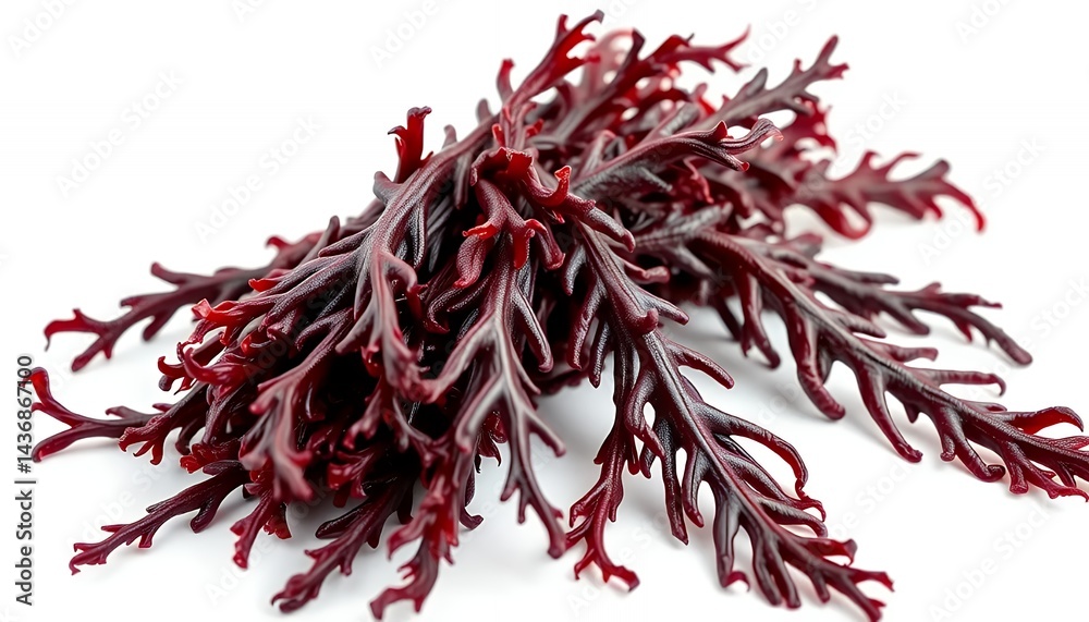 Obraz premium Close Up Bunch Of Dark Red Sea Moss Isolated On White Screen Background For Natural Health And Earth Day Concepts Promotion Backdrop