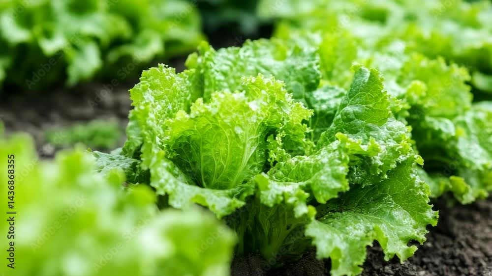 Close-up of vibrant green lettuce plants growing in rich, dark soil in a garden bed, fresh produce agriculture Close-up of vibrant green lettuce plants growing in rich, dark soil in a garden bed, fresh produce agriculture