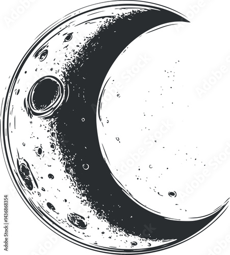 Black and white illustration of a crescent moon with detailed craters and textured surface.