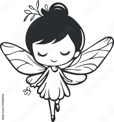 Black and white illustration of a cute fairy with wings and a flower in her hair, flying peacefully.
