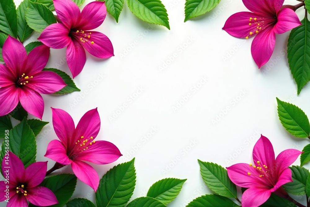 Obraz premium Bold fuchsia blossoms, lush green foliage, repeating motif , magenta, summer