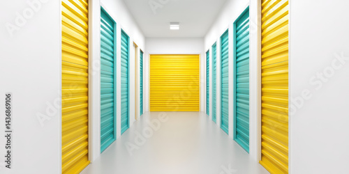 Bright corridor with blue and yellow rolling doors on either side, leading to a closed yellow door at the end.  