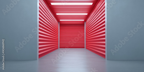 Corridor with vibrant red ribbed walls and ceiling, contrasted by smooth grey flooring.