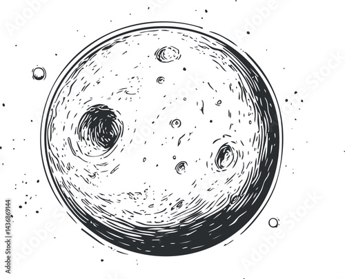 Black and white sketch illustration of the moon with detailed craters and surface texture in space.
