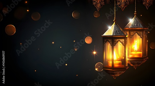 Elegant golden islamic lanterns hanging brightly lit with candles against a dark background with sparkling bokeh effect for ramadan kareem celebration