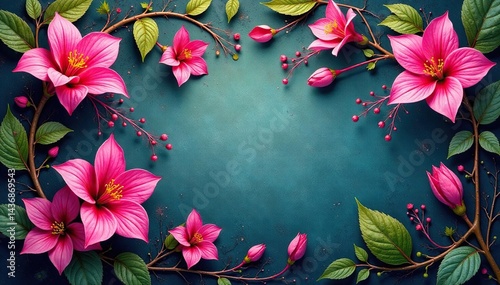 Intricate fuchsia blossoms, leafy vines, elegant textile print, floral, botanical, vintage