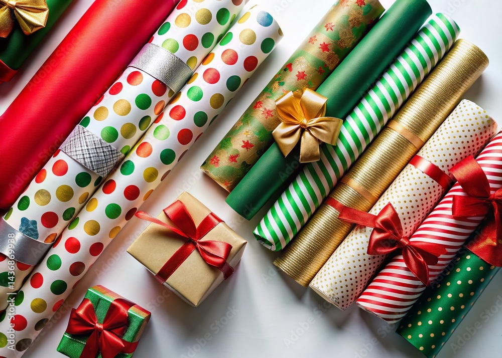 Obraz premium Colorful Gift Wrap & Ribbon on White Background - Low Light Photography