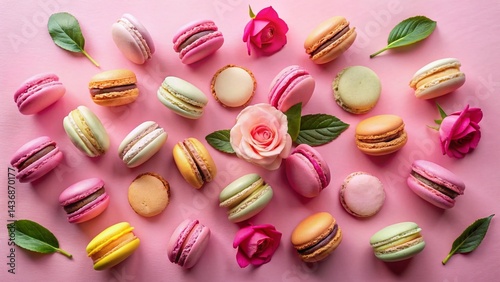 Wallpaper Mural Colorful Macarons Flat Lay with Pink Rose & Cream - Sweet Pastry Photography Torontodigital.ca