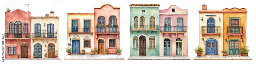 Obraz premium PNG Colorful charming Mediterranean architecture, element set on transparent background