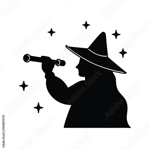 Witch Looking Through a Telescope at Haunted Constellations Silhouette