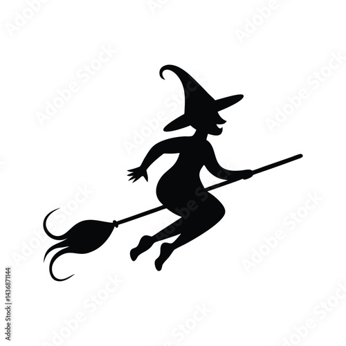 Witch Riding a Crooked Broomstick with a Pointy Hat Silhouette