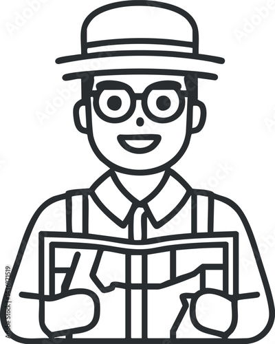 Illustration of a smiling man wearing a hat and glasses holding a map for navigation and travel.