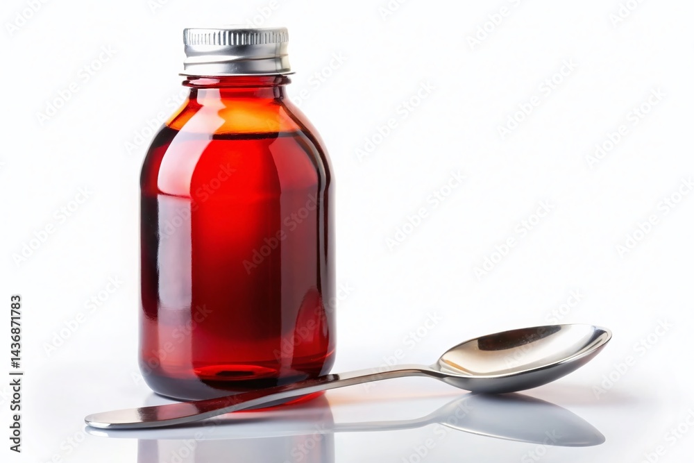 Cough Syrup Bottle and Spoon on White Background - Medicine Remedy Concept