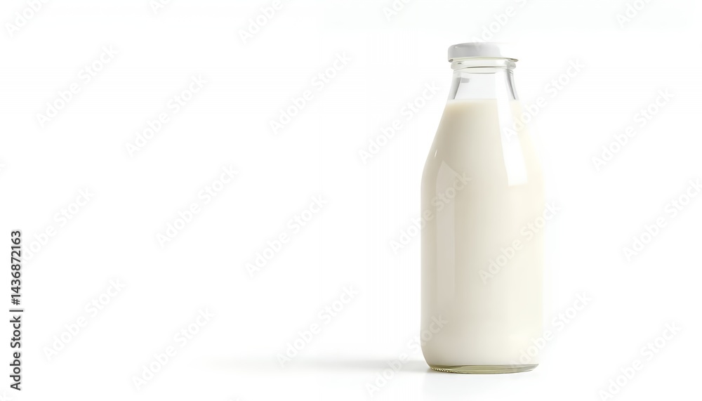 Glass Milk Bottle with White Liquid Isolated on White Screen Background Clean Studio Shot for Dairy Product Advertisement and Promotion Nutritional Content Glass Milk Bottle with White Liquid Isolated on White Screen Background Clean Studio Shot for Dairy Product Advertisement and Promotion Nutritional Content