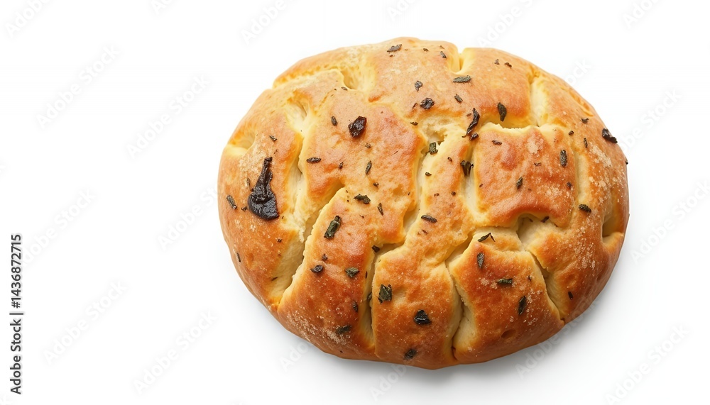 Golden Focaccia Bread Seasoned with Herbs Isolated on White Screen Background Delicious Flatbread Isolated on White Screen Background and Table Overhead Top View Culinary Golden Focaccia Bread Seasoned with Herbs Isolated on White Screen Background Delicious Flatbread Isolated on White Screen Background and Table Overhead Top View Culinary