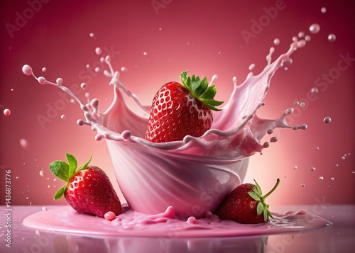Creamy Strawberry Milkshake Splash, Vibrant Pink Drink Photography