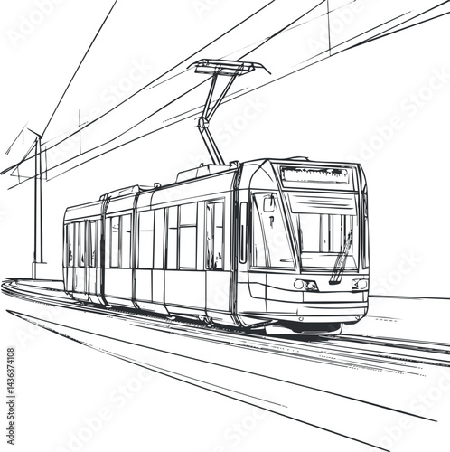 Black and white sketch of a modern electric tram running on urban railway tracks with overhead power lines