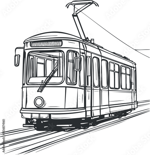 Black and white sketch of a vintage electric tram moving on tracks as public urban transportation