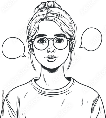 Black and white line drawing of a young woman with glasses and a hair bun with speech bubbles for conversation