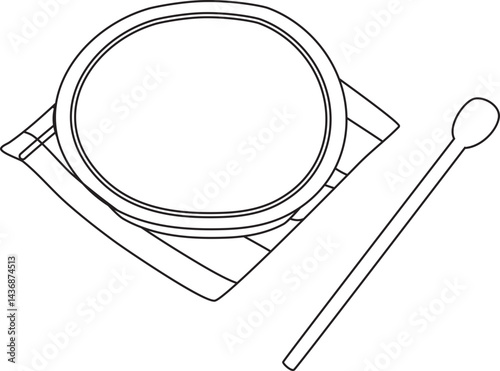 Lined Plate Dish with Cloth and Spoon Hand Drawn