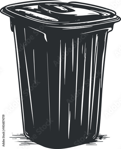 Black and white illustration of a trash bin with a lid for waste disposal and garbage collection