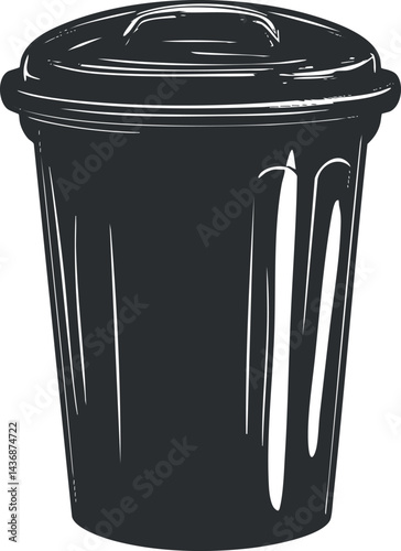Black plastic trash bin with lid for waste disposal and garbage collection