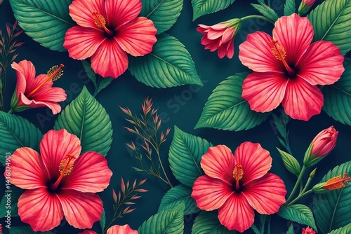 Bold, vibrant hibiscus flowers in a tropical, jungle-inspired seamless print , tropical, polynesia