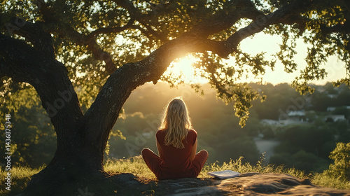 Serene woman meditating beneath a large tree on a sunny hilltop.