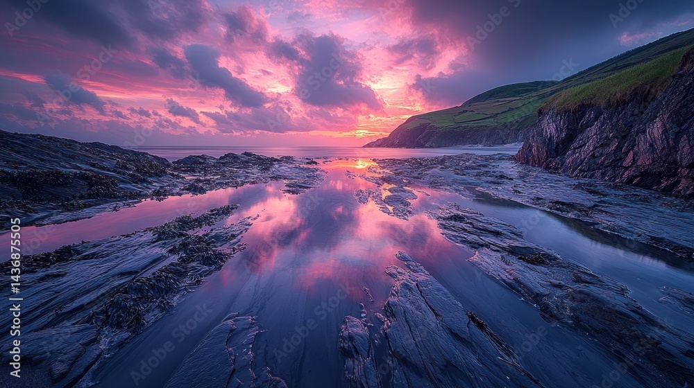 Naklejka premium Dramatic sunset over tranquil coastal scene