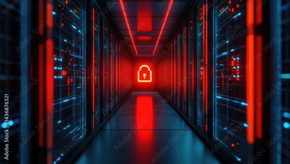 Fototapeta premium Futuristic Server Room With Security Lock Neon Lights