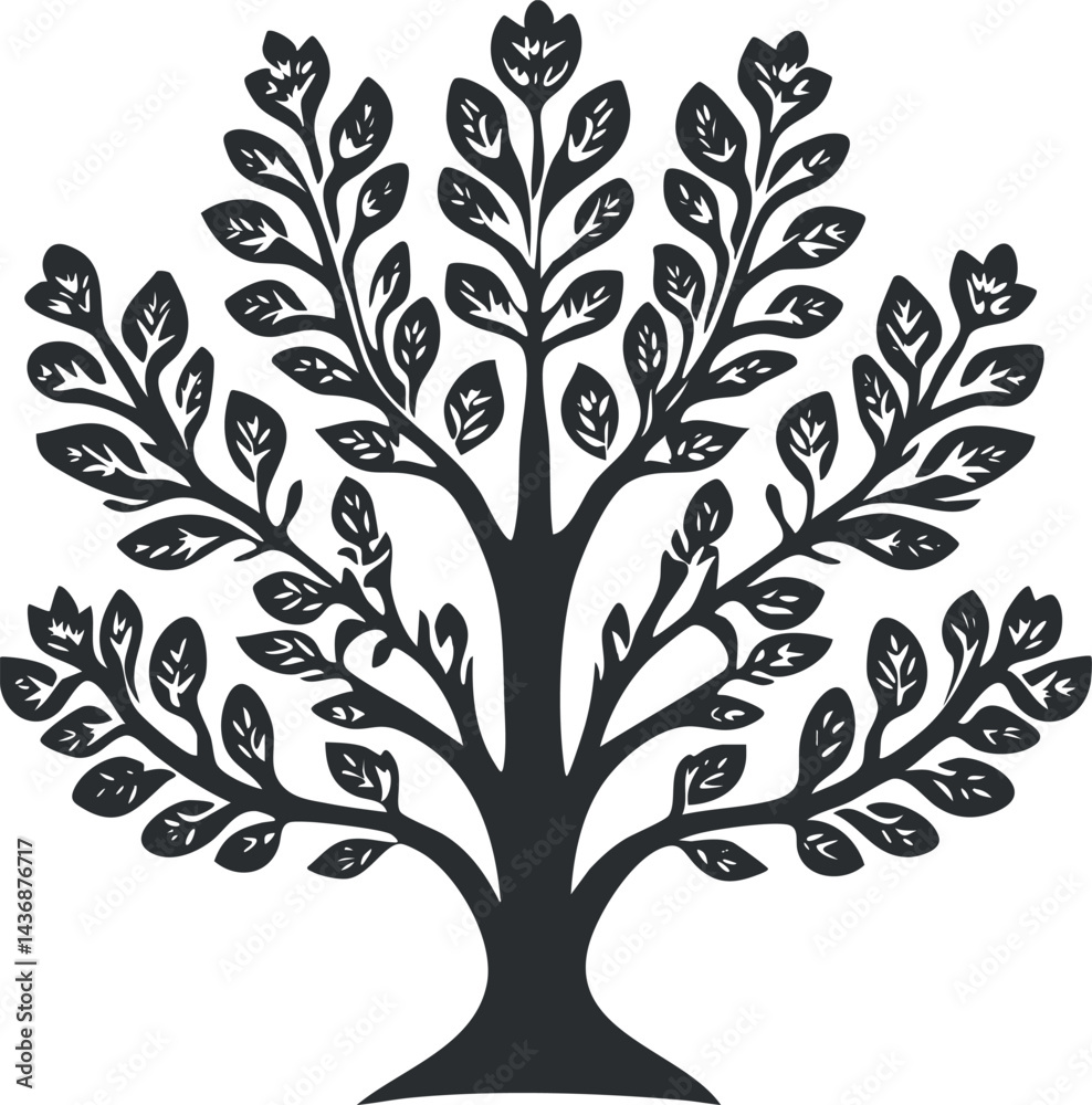 Obraz premium Black silhouette of a leafy tree with multiple branches and detailed leaves isolated on white background