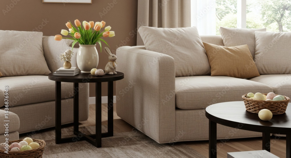 Naklejka premium Elegant Easter-themed interior with a cozy sofa, a round side table, and a decorative bunny figurine