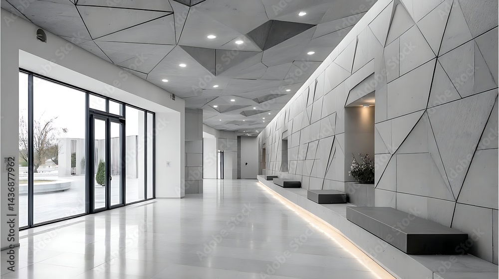 Obraz premium Modern Architectural Interior Geometric Concrete Walls Ceiling Design in a Contemporary Building