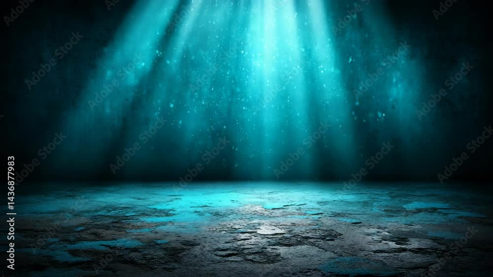 Dramatic spotlight effect in teal illuminates a textured concrete floor ...