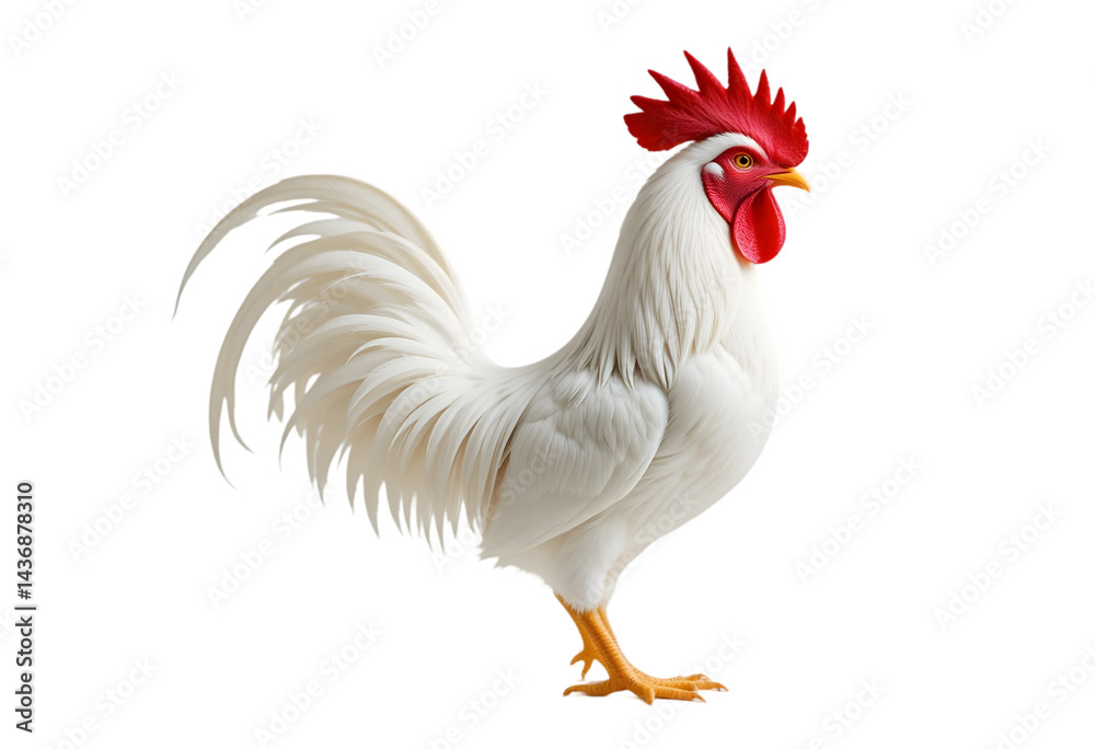 Fototapeta premium Majestic White Rooster Isolated on White for Poultry and Farm Animal Concepts: Proud Profile of a White Cock Imagery: Rooster, White, Isolated, Poultry, Farm, Animal, Cock, Bird, Crest, Wattles