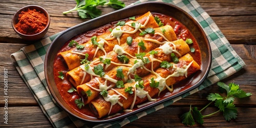 Delicious Mexican Red Enchiladas Potosinas with Potato & Pork Chorizo – Drone Aerial View photo