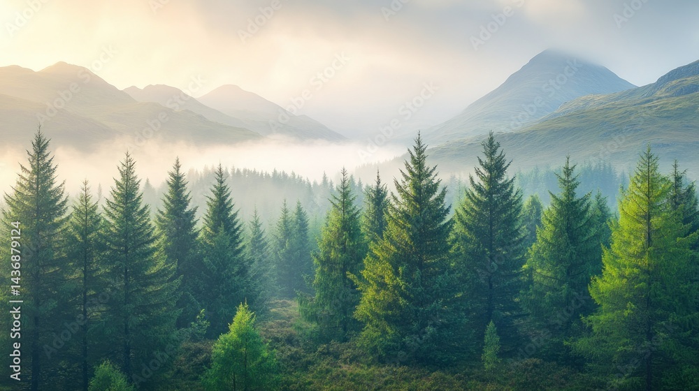 Fototapeta premium Sunrise Mist, Mountain Forest, Scotland, Travel Poster