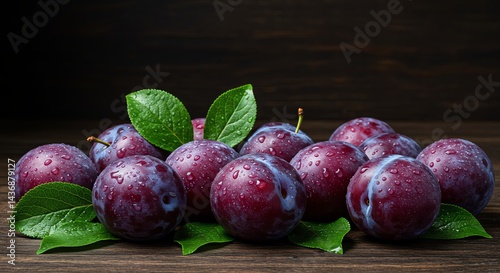 Fresh Plums with Water Droplets on a Wooden Surface