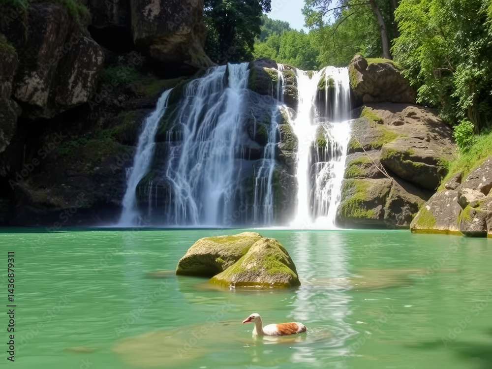 A beautiful waterfall is surrounded by a body of water. A bird is swimming in the water. The scene is peaceful and serene