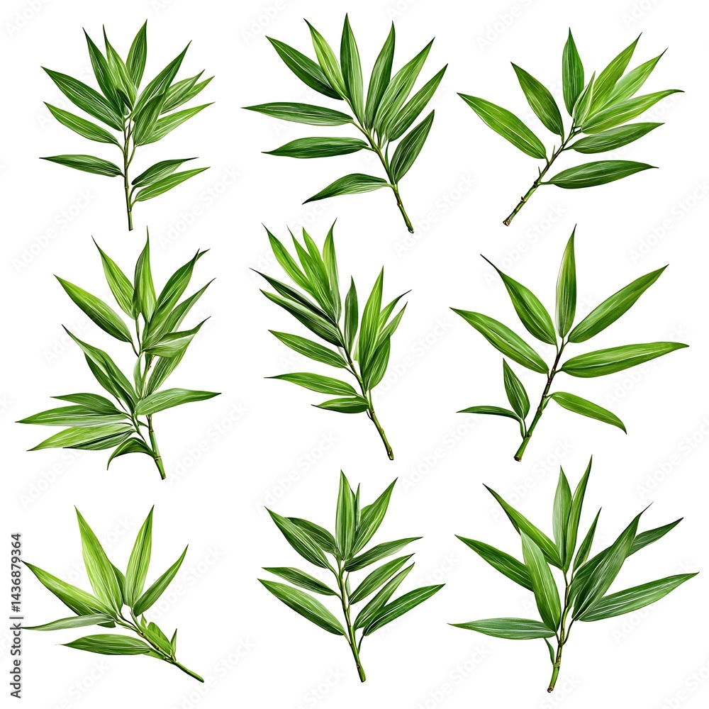 Obraz premium Fresh, vibrant tropical foliage sprigs arranged in a grid pattern.