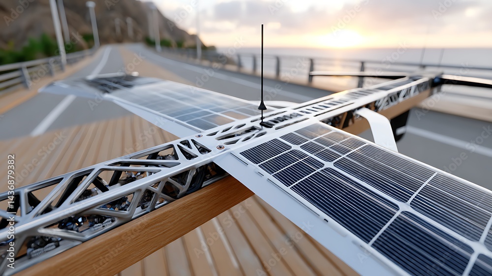 Obraz premium Solar Powered Drone with Antenna on Coastal Road at Sunset